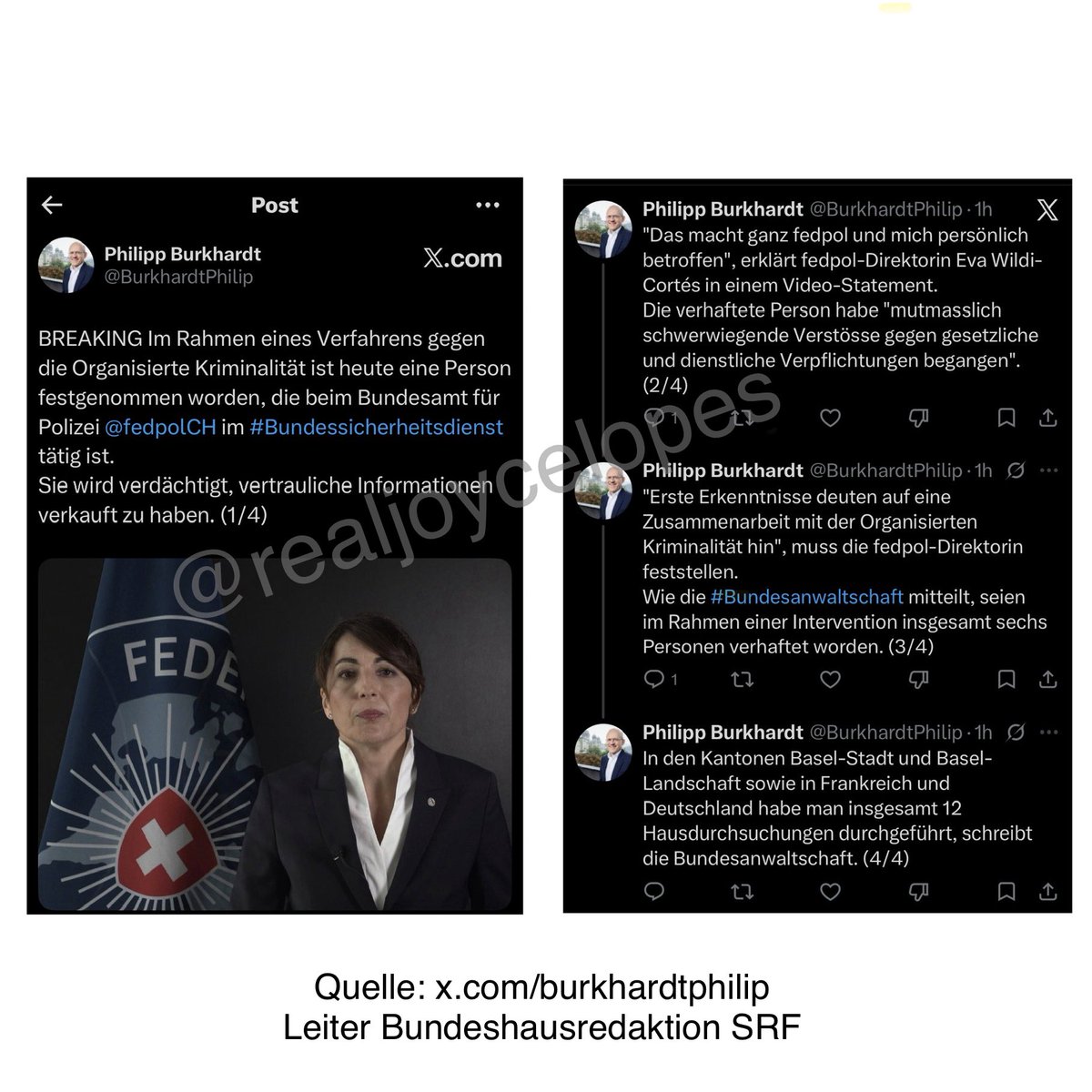 realjoycelopes's tweet image. Im Fedpol sass ein Maulwurf, der geheime Daten an die Mafia verkauft hat.
Weitere Festnahmen in Basel-Stadt, Basel-Landschaft, Frankreich und Deutschland.
Leider nicht aus der Steuerverwaltung, sondern ausgerechnet vom Fedpol – zuständig für Passdaten und die kommende E-ID.
Aber