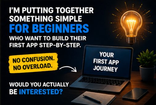 yansacad's tweet photo. I’m putting together something simple for beginners who want to build their first app step-by-step.
No confusion. No overload.

Would you actually be interested? https://t.co/NRT3gRyIfS