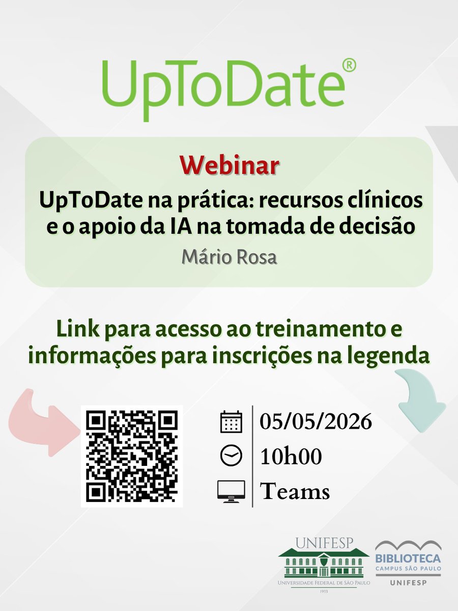 BCSP_UNIFESP's tweet photo. 📢 UpToDate na prática: recursos clínicos e o apoio da Inteligência Artificial na tomada de decisão

🗣 Palestrante: Mário Rosa

📆 Data: 5 de maio de 2026 - Terça-feira - 10h às 11h

Informações:  https://t.co/aalbiECwTB https://t.co/UPjEC1sCC3