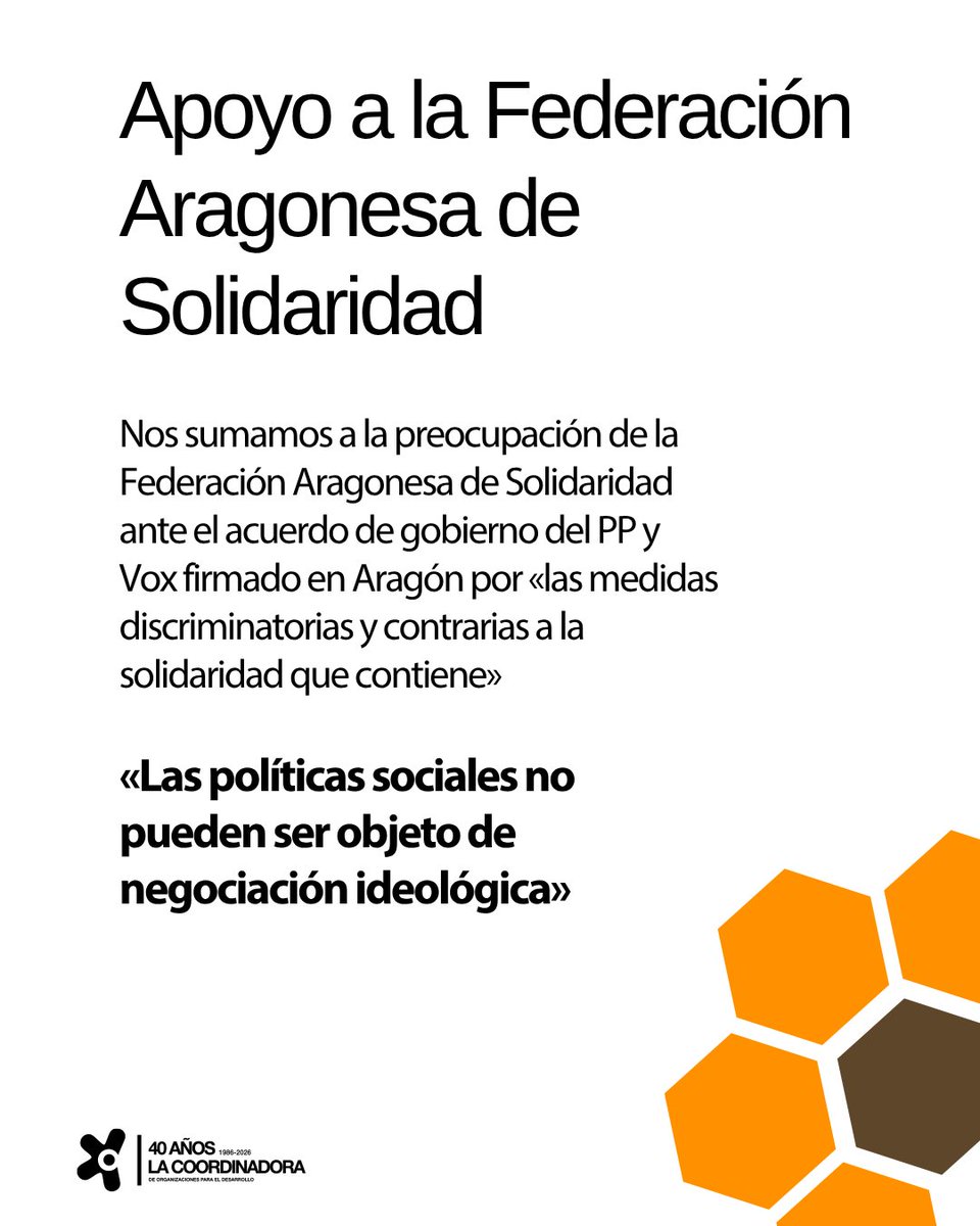 CoordiONGD's tweet photo. Nos unimos a la preocupación de nuestras compañeras de la @FASaragon

Rechazamos el acuerdo PP–Vox por sus medidas discriminatorias. 

Alertamos: la cooperación al desarrollo mejora vidas y construye estabilidad, paz y democracia.

https://t.co/B0V2BGCYNy https://t.co/rjfEkoS9sn