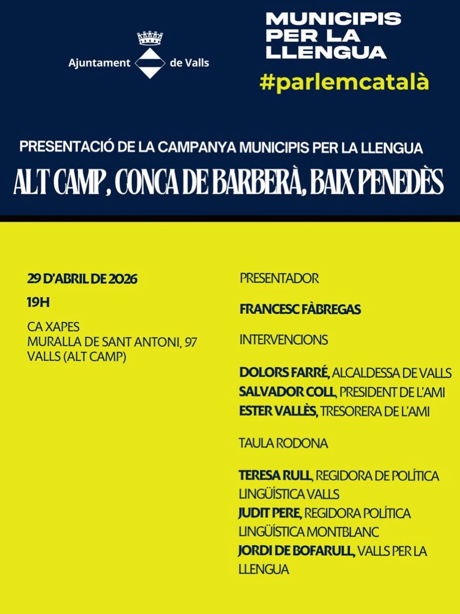 Demà participarem en l’acte que organitzen l’AMI (Associació de Municipis per la Independència) i <a href="/VallsAjuntament/">Ajuntament de Valls</a> per presentar la campanya “Municipis per la llengua”.

Us esperem a les 19 h a Ca Xapes!