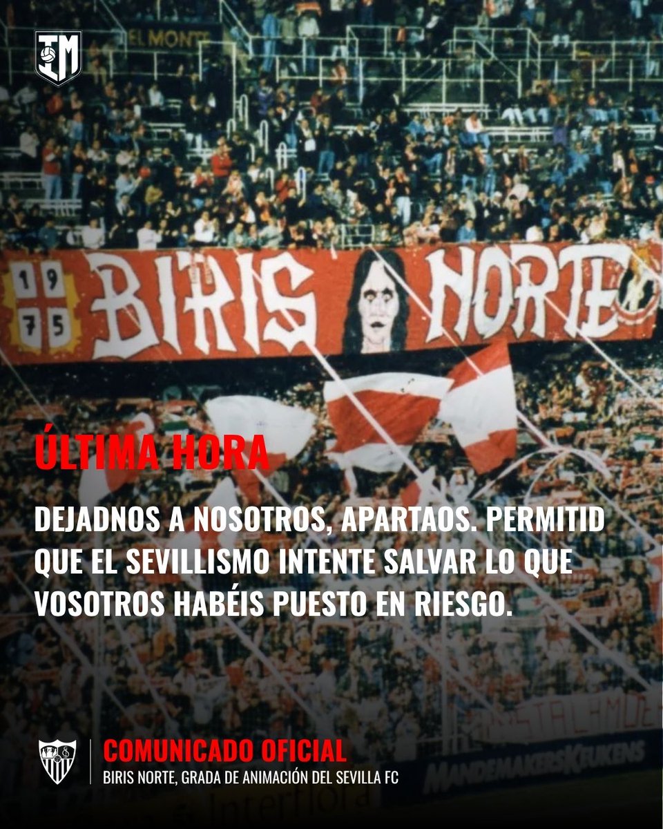 🔴🚨 Durísimo comunicado de Biris Norte, grada de animación del #SevillaFC, en contra de la directiva del conjunto de Nervión y un claro mensaje a la misma.

🗣️Les han pedido que no asistan al choque del próximo lunes ante la Real Sociedad. 👇🏻