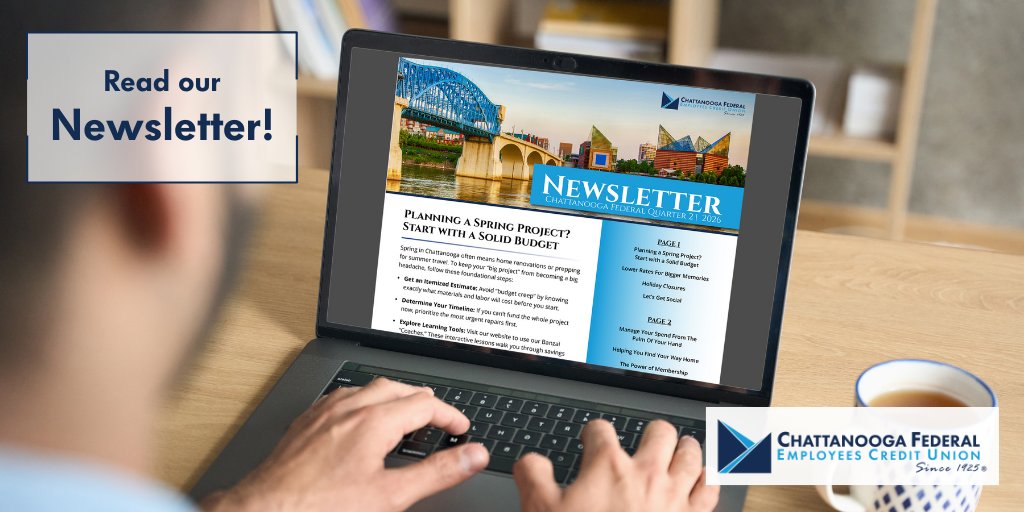 ChattanoogaFECU's tweet image. The Q2 Newsletter is out! 🗞️ 

It’s more than just updates; it’s a snapshot of what’s happening at our credit union, upcoming holiday hours, and tips for spring. Stay in the loop with your Chattanooga Federal family. ☕

Read our Newsletter: bit.ly/3M39co7

#Chattanooga