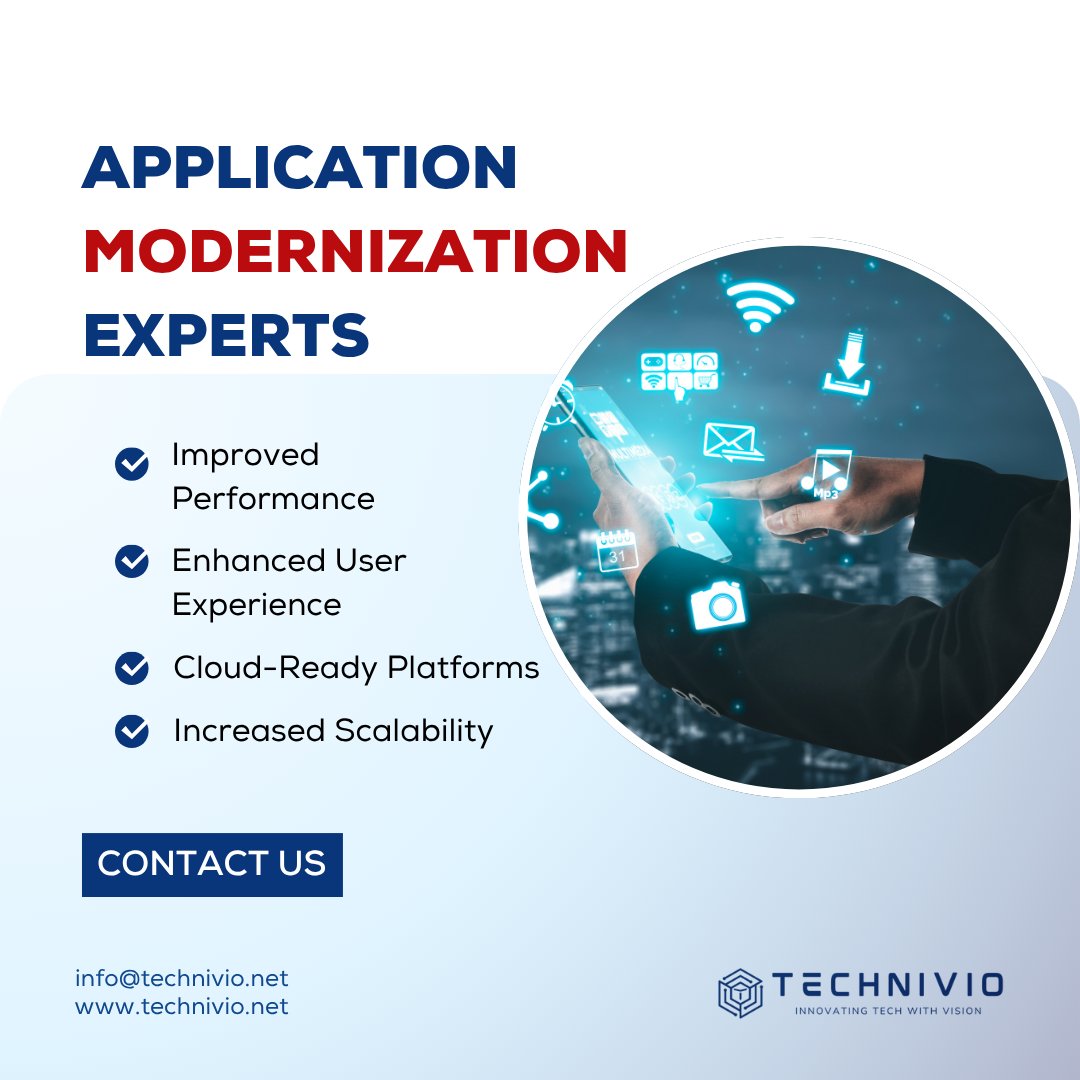 technivio's tweet photo. Upgrade. Optimize. Transform.

• Improved performance
• Enhanced user experience
• Cloud-ready platforms
• Increased scalability

🌐https://t.co/SQz0OvRmJL | 📧 info@technivio.net

#AppModernization #LegacyUpgrade #CloudSolutions #DigitalExperience #Technivio #USA #India https://t.co/mJ7L3h05RS