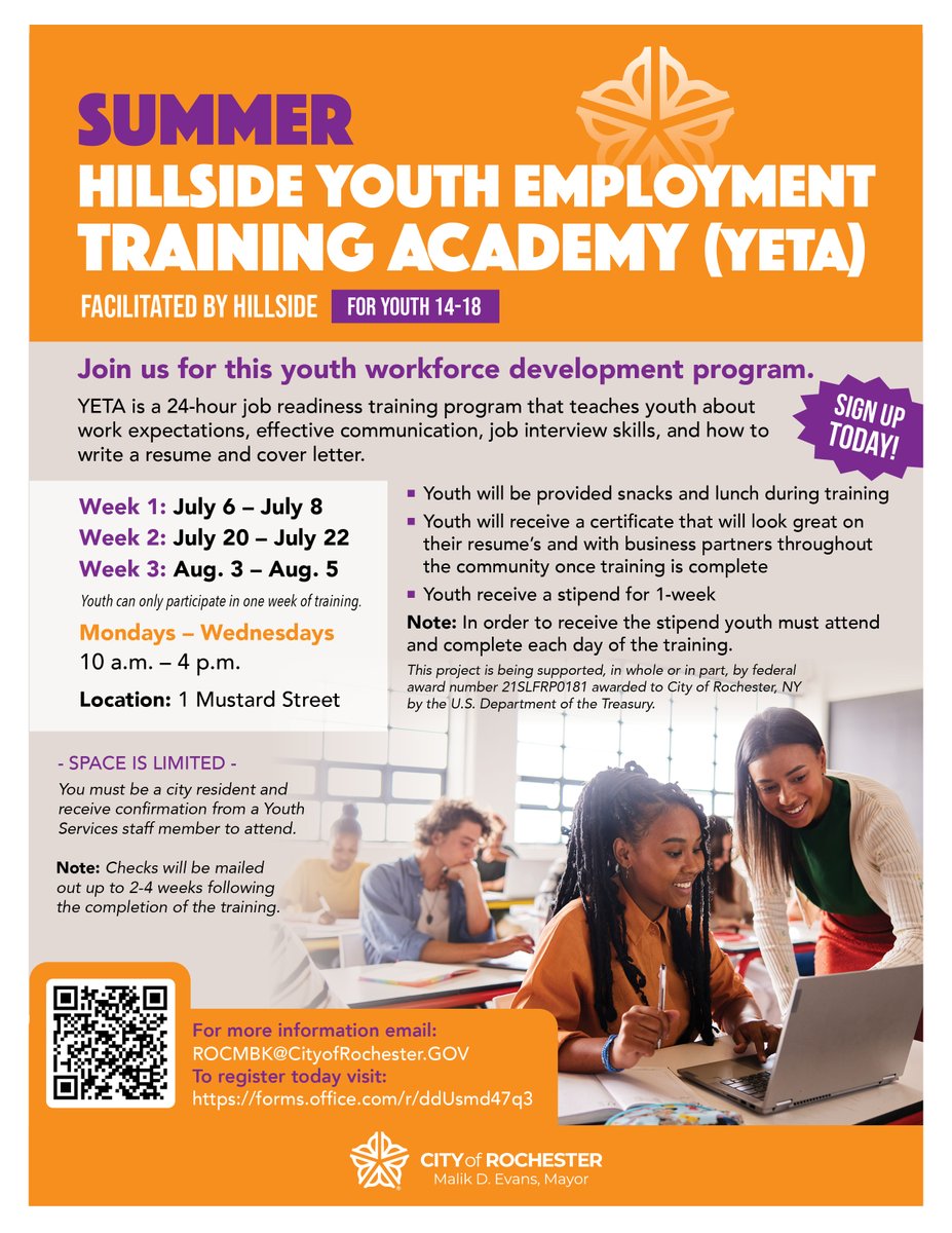 DRHS585's tweet image. Build your future this summer with the Hillside Youth Employment Training Academy (YETA).

This free workforce development program helps youth gain valuable skills like interviewing, resume writing, and workplace expectations.

Register today!

#DRHS #CityofRochester #RCSD #YETA