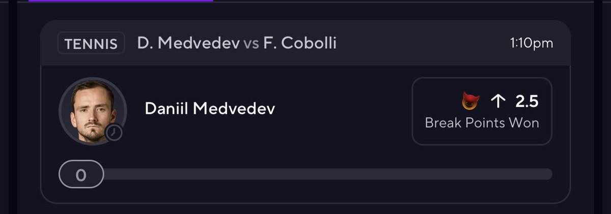 swiftclif's tweet image. My Demon potd 😈 

Daniil Medvedev over 2.5 Breakpoints Won 🔥 

I’m rooting for my boy med I don’t know why this is a demon and I personally do not think danii will not be struggling break Flavio 💀
 
#PrizePicks #tennis #GamblingsTwitter #tennistwitter #prizepickslocks