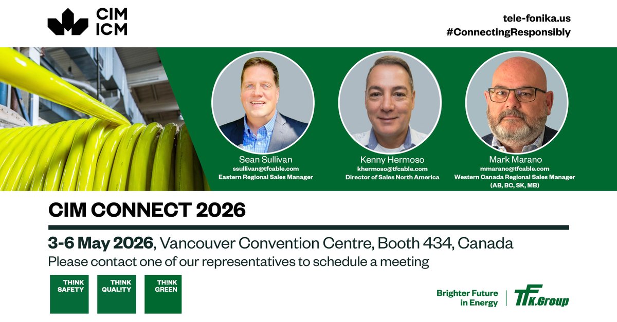 TFKable_Group's tweet photo. Tele-Fonika Kable Cable Americas will participate in CIM CONNECT 2026, taking place May 3–6, 2026, in Vancouver, Canada

#TFKable #TeleFonikaKable #MiningIndustry #MiningSolutions #CableTechnology #IndustrialCables #CIM2026 #CanadaMining #EnergySolutions #Infrastructure https://t.co/WbRIJf4wBs