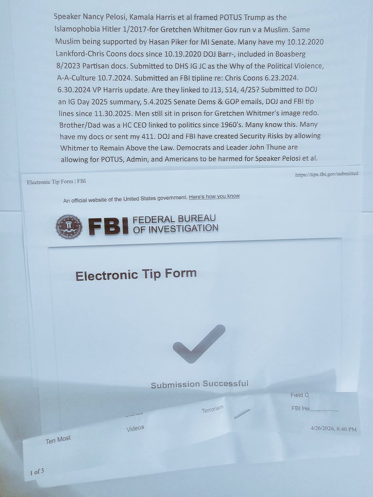 LisaJWilbur's tweet image. Please see 4.26.2026 FBI tip line.
1st Section- DHS IG JC, #NancyPelosi #KamalaHarris #GretchenWhitmer 
2nd Sec- 2.4.2020 #Whitmer Day,  3.24.2020, 5.10.2020 ID #GretchenWhitmer is niece of my #DVV #Pakistani #Lynching judge on 2.23.1994- Protected by All.