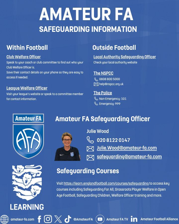 AmateurFA's tweet image. Safeguarding is everyone’s responsibility.

If you have a concern, support is available through your club, league, the Amateur FA Safeguarding Team, the NSPCC, and the police.

#Safeguarding #GrassrootsFootball #AmateurFA