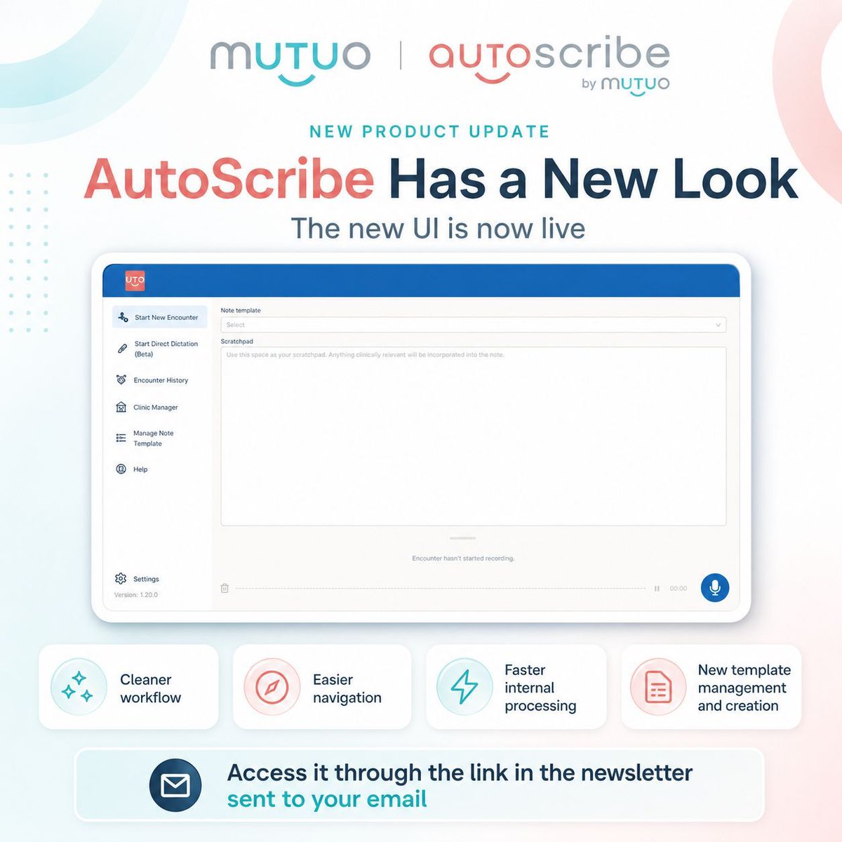 MutuoHealth's tweet photo. AutoScribe has a new look! Our new UI is now live, with a cleaner workflow, easier navigation, faster internal processing, and new template management tools. Check your email newsletter for the access link! https://t.co/1tQxHgZpFb