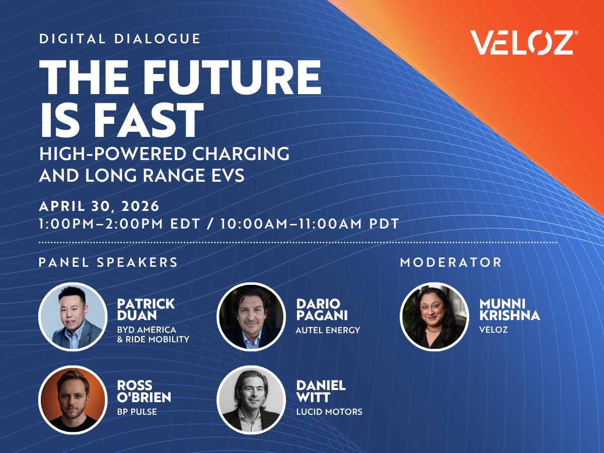 LetsVeloz's tweet photo. Our next Digital Dialogue is coming up fast! On April 30, industry experts from BYD America, BP Pulse, Autel Energy, and Lucid Motors will join our virtual stage to discuss how high-powered charging and long-range EVs are transforming the EV ownership experience and accelerating the path to mass adoption.  

Along with in-depth conversations surrounding the impact of these technological advancements on U.S. consumer confidence, our panelists will also share how their work in international markets informs their work in America.

Meet the Speakers: 
- Patrick Duan, SVP of Operations, BYD America and Co-CEO, RIDE Mobility  
- Dario Pagani, VP of Marketing and Communications, Autel Energy 
- Ross O'Brien, Network Commercial Director, BP Pulse 
- Daniel Witt, Head of State and Local Policy, Lucid Motors 
- Moderator: Munni Krishna, Head of Business Development, Veloz 

💡 Join the Conversation 
🗓 The Future Is Fast: High-Powered Charging and Long-Range EVs  
📅 April 30 | 10 AM PT / 1 PM ET  
💻 Free. On Zoom. Open to all. 

Register at the link below. 
https://t.co/a2v48hxWQg https://t.co/a2v48hxWQg