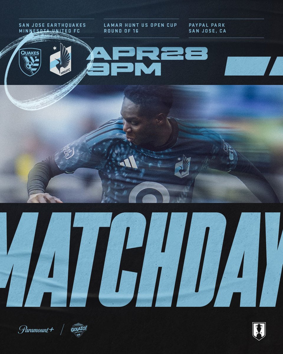 MNUFC's tweet photo. An Open Cup matchup with magnitude

🆚 @SJEarthquakes
📍 PayPal Park
📅 Tues, April 28 
⏰ 9:00 p.m. CT 
📺 Paramount+, CBS Sports Golazo https://t.co/rOZqQHYQAp