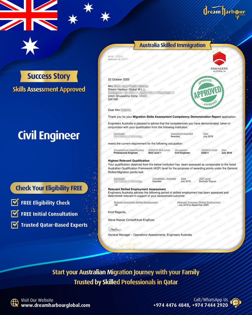 DreamHarbourG's tweet image. 🏆Success Story: Skills Assessment Approved! ✅
🎉#Congratulations to our #Australia #Migration client on receiving a #Positive #Skills #Assessment Result in #Qatar for the occupation of #CivilEngineer #ANZSCO 233211