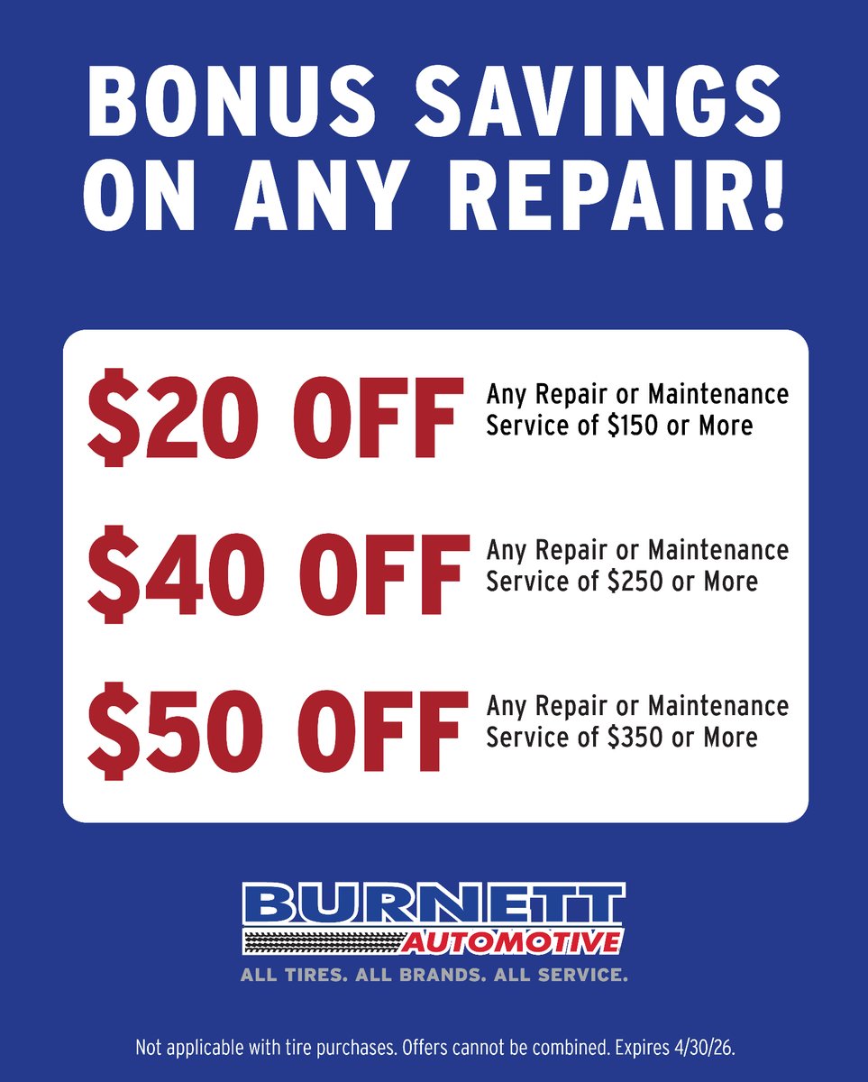 BurnettAuto's tweet photo. 𝐄𝐧𝐣𝐨𝐲 𝐁𝐨𝐧𝐮𝐬 𝐒𝐚𝐯𝐢𝐧𝐠𝐬!
Visit any of our nine locations in Manhattan and Johnson Co. for details. Or schedule online: https://t.co/6NP8es4FRS
*Offer cannot be combined. Not applicable with tire purchases. 𝐇𝐮𝐫𝐫𝐲, 𝐨𝐟𝐟𝐞𝐫 𝐯𝐚𝐥𝐢𝐝 𝐭𝐡𝐫𝐮 𝟒.𝟑𝟎.𝟐𝟔 https://t.co/QIFEyEQJWw