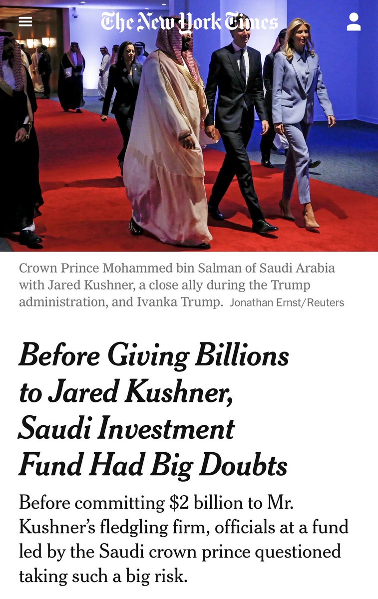 DavidBraun1966's tweet image. Trump sent Kushner to investigate the Saudis dismembering an American
Journalist 

They got a slap on the wrist

Following his term, the Saudis gave Kushner $2 BILLION

Now Kushner owns EA Games with the Saudis.

Saudis funded and executed 9/11