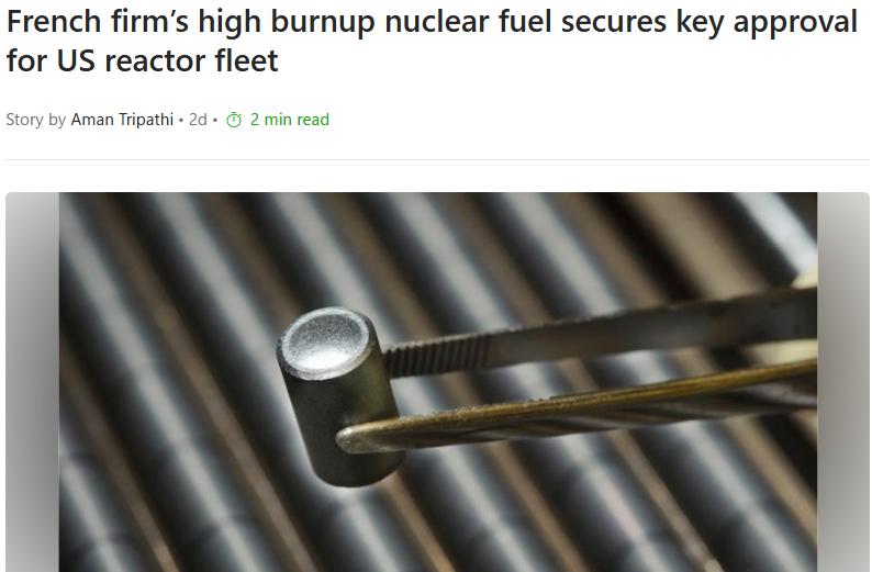 HopfJames's tweet photo. Framatome has developed a PWR fuel assembly design that can attain higher burnup, and will allow 24-month (vs. 18 month) fuel cycles for PWRs.  They are now in the US NRC licensing process.  Article link in reply.

The assemblies may use 5-8% enriched uranium that was recently approved by the NRC.