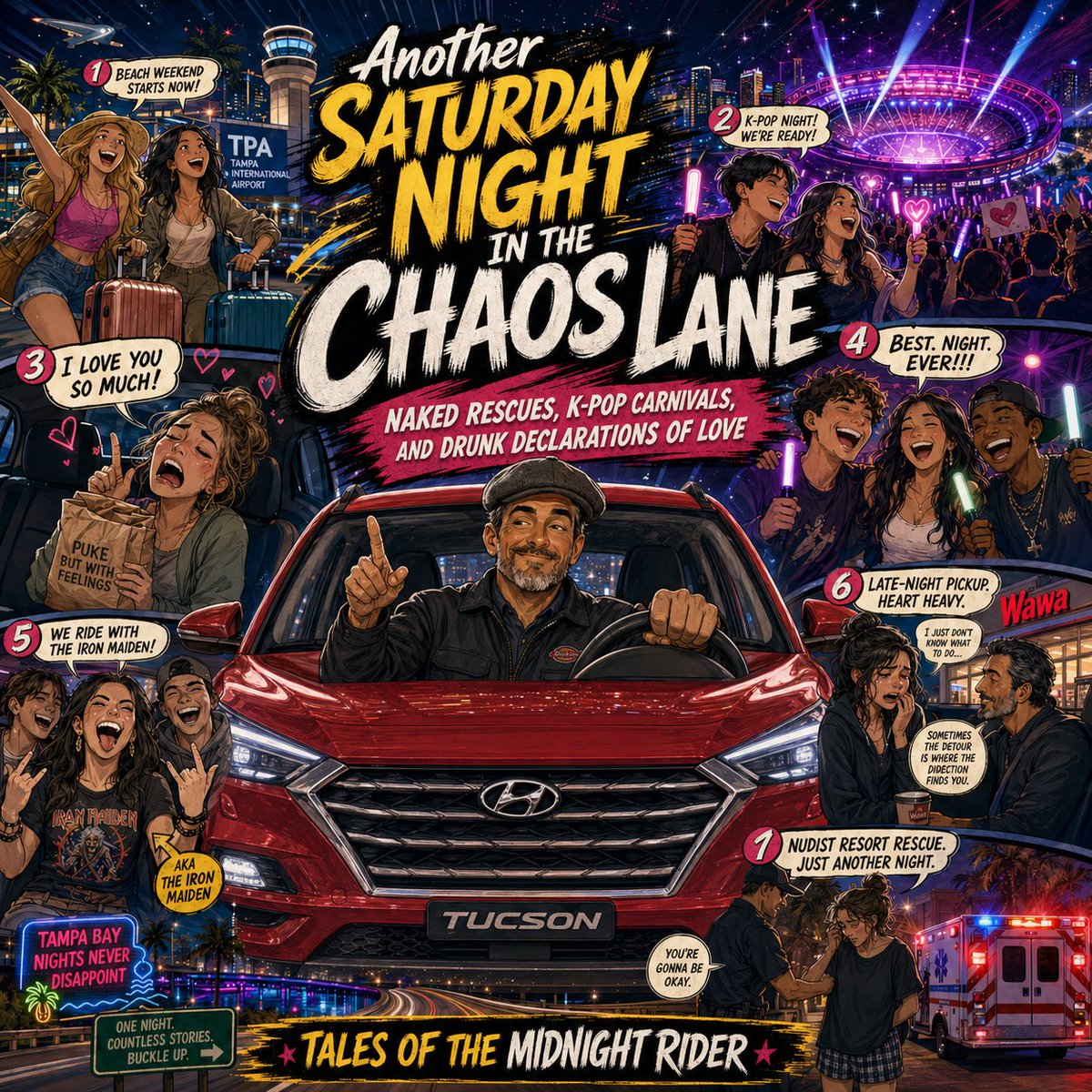 AlexSnitker's tweet photo. Another Saturday Night in the Chaos Lane: Naked Rescues, K-Pop Carnivals, and Drunk Declarations of Love

Tales of the Midnight Rider – Where one shift can take you from airport tourists to stadium screamers to a broken-armed naked woman at a nudist resort gate. Just another night on the road.

https://t.co/9AX8ey1nJc