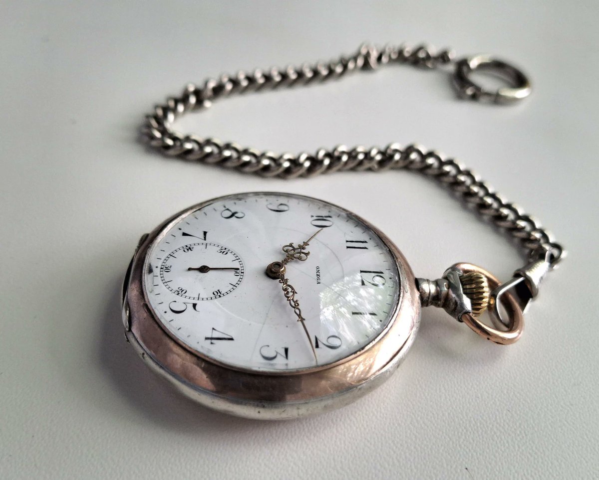 AlexanderF3266's tweet photo. A 1912 Omega pocket watch - over a century of history.

Solid .800 silver case, all original parts.
Mechanical movement in good working condition.
Original enamel dial with age-related cracks (visible in photos).

✔️ Diameter: 50mm
✔️ Includes chain (not silver)
✔️ Serial: 4035574 (verifiable)

#Omega #PocketWatch #WatchCollector #WatchForSale