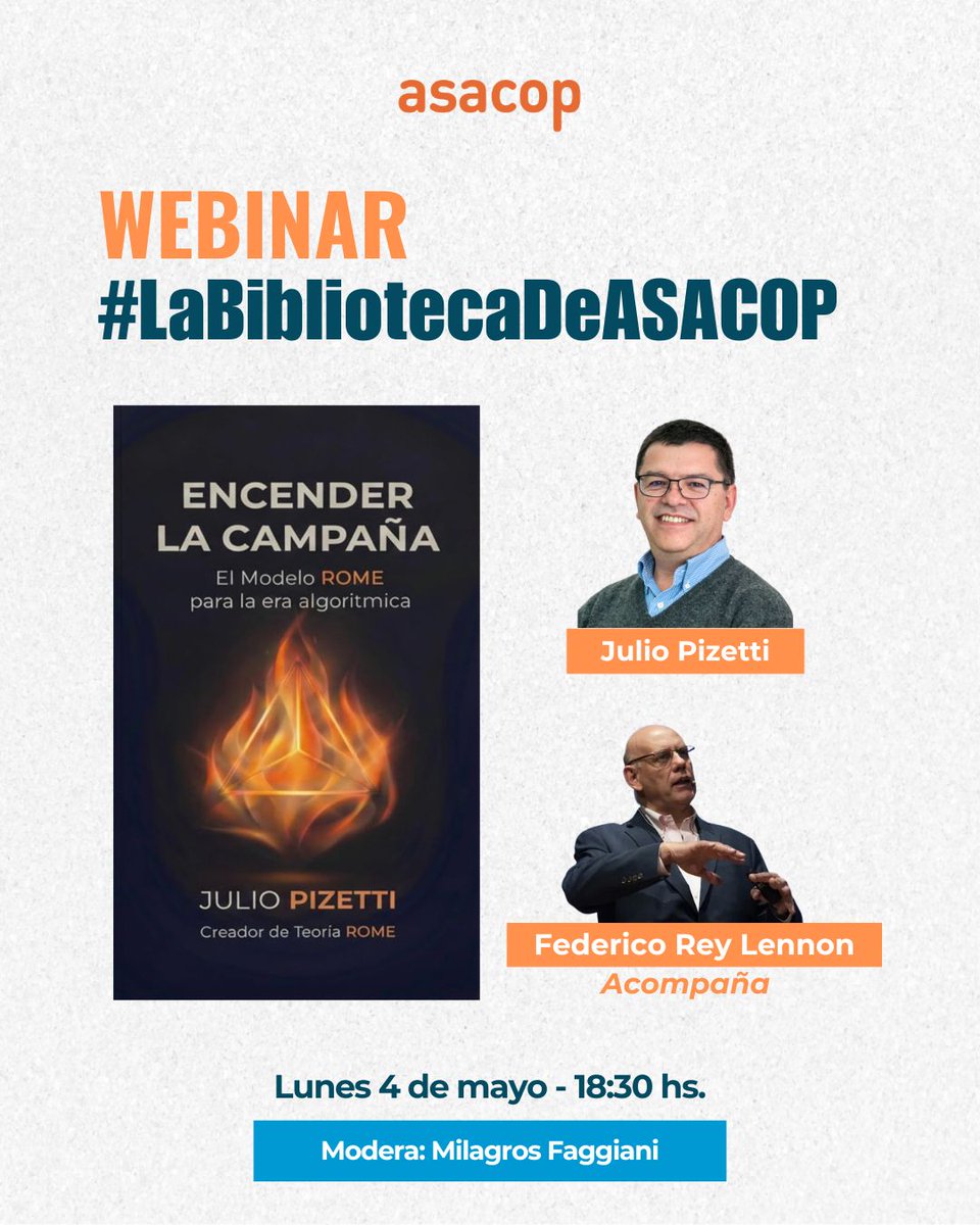 Iniciamos el ciclo #LaBibliotecaDeASACOP con la presentación de "Encender la campaña", de <a href="/JPizetti/">Julio Pizetti</a>, que propone pensar la comunicación política hoy desde el modelo ROME.

🤝 Acompaña <a href="/ReyLennon/">Fede Rey Lennon</a>
🗣 Modera <a href="/milifaggiani/">Milagros</a>
📅 Lunes 4/5 – 18:30hs

Inscribite: docs.google.com/forms/d/e/1FAI…