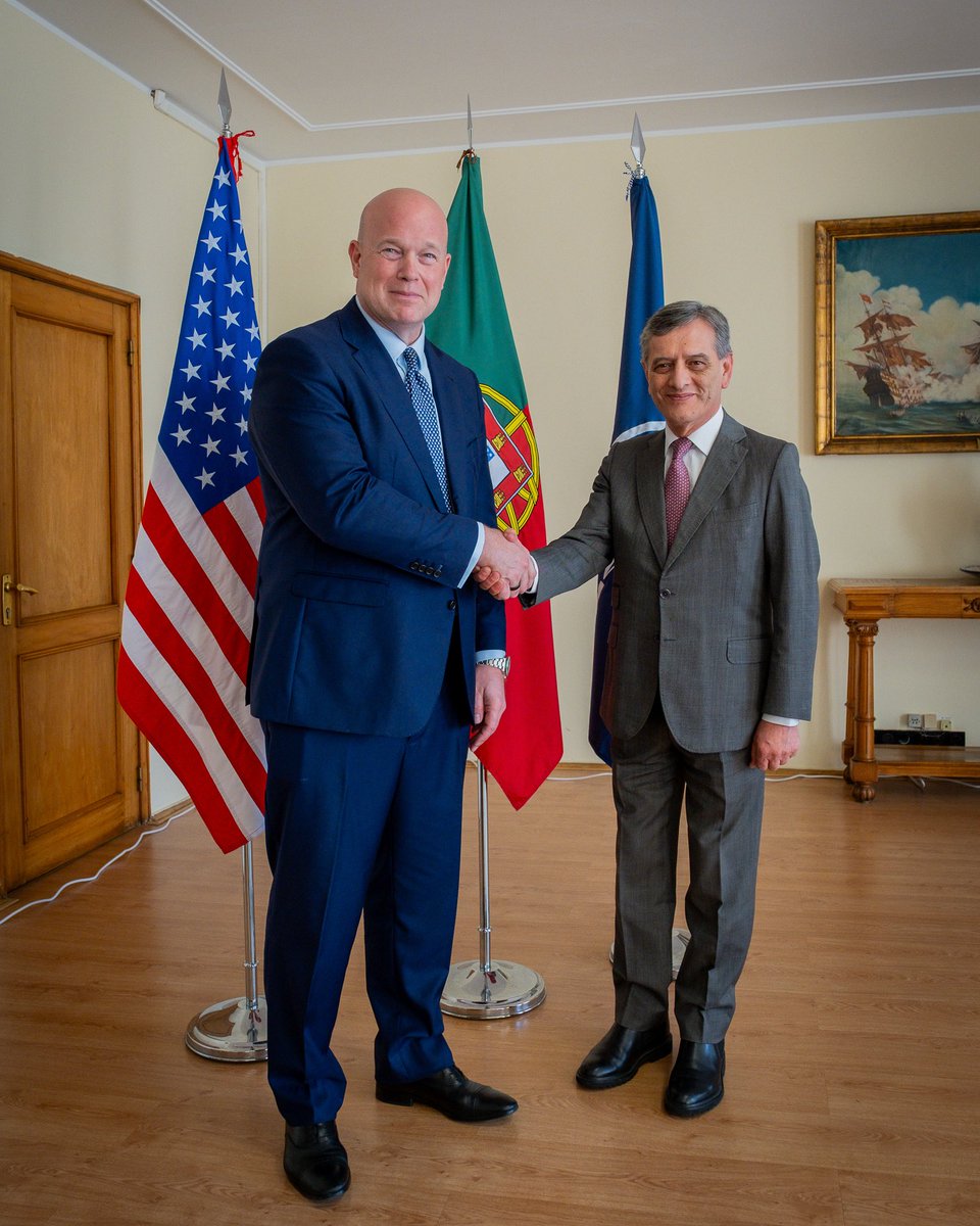 USAmbNATO's tweet photo. In Lisbon, I met with 🇵🇹 Foreign Minister Paulo Rangel and Deputy Defense Minister Álvaro Castelo Branco to strengthen U.S.-Portugal security ties. Portugal is now on a steady track to achieve the 5% GDP goal, aligning with President Trump’s mandate for real burden-shifting. This commitment ensures our Allies invest in the American defense excellence required to maintain a lethal and ready posture.
