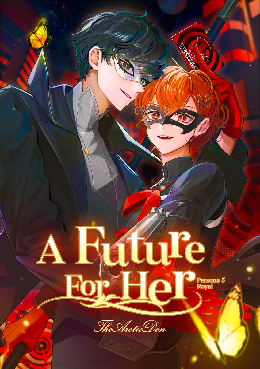 TheArcticDen's tweet photo. I've always loved manhwa's and their beautiful cover art, so I reached out to @ddumo_ and had this illustration made. It is essentially a cover for my #Redduo fanfiction. (Linked in the comments)
The title was made by a skilled typography creator(They don't have a social media for me to credit🥲)
#Persona5 #KotoneShiomi #RenAmamiya