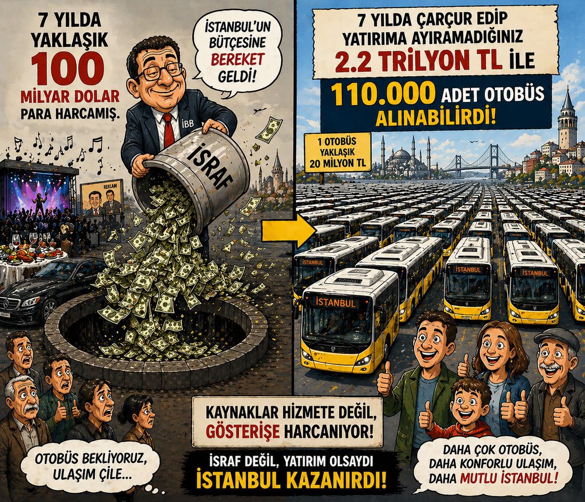 7 yıl geçti. 

Borç 10 kat arttı. 
Bilet %1.515 zamlandı. 
Yılda 65.527 arıza. 

Bu şehre ne verdiler? 

Borç, reklam ve arıza. 

#FaaliyetRaporu