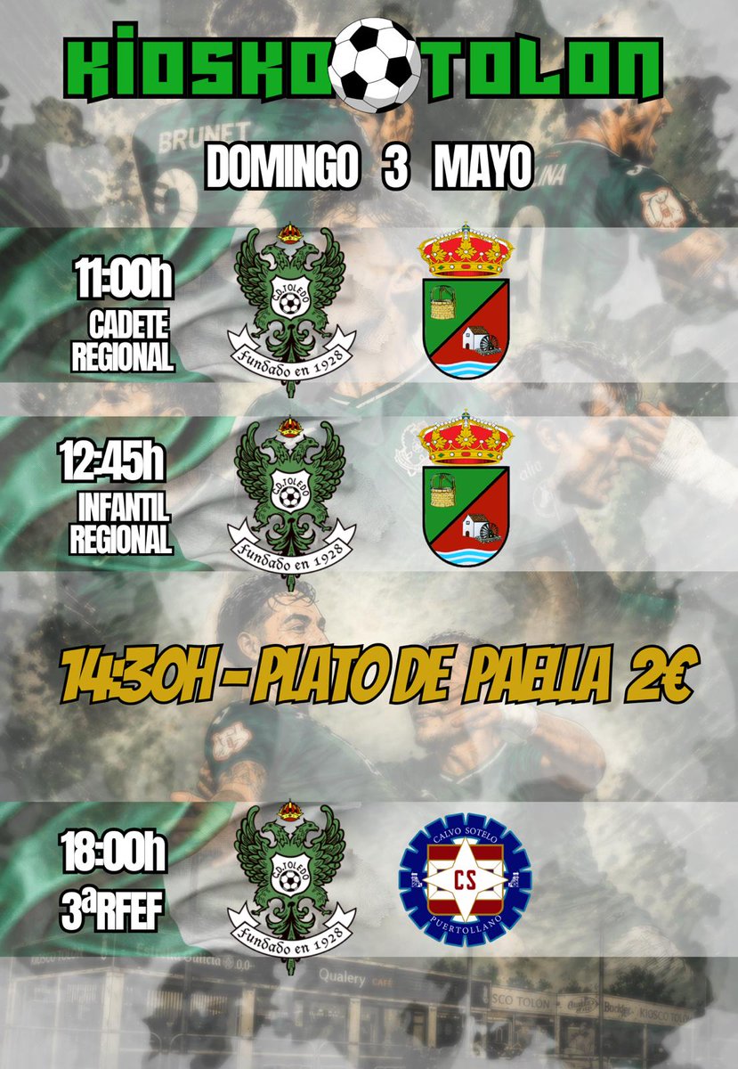 KioskoTolon's tweet photo. 💚 DOMINGO PARA CREER 💚

🫡El CD Toledo se juega mucho y que mejor que vivirlo en Kiosko Tolón desde por la mañana

⚽️11h CD Toledo Cadete Regional
⚽️12:45h CD Toledo Infantil Regional
🥘14:30h Plato de paella 2€
⚽️18h CD Toledo - CS Puertollano

CD TOLEDO HASTA LA MUERTE 💚 https://t.co/0BRO2OYrnO