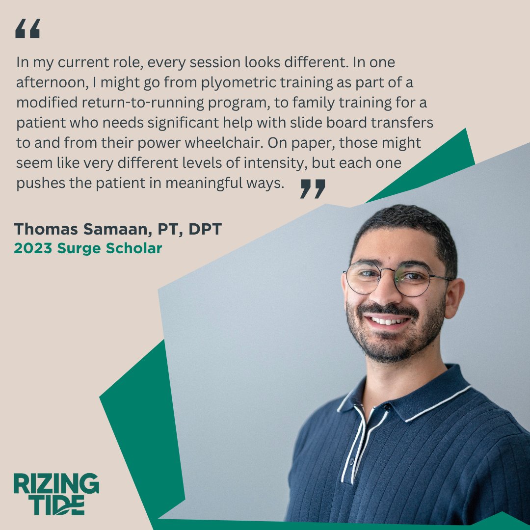 RizingTidePT's tweet photo. Passion is a huge driver for change. 

For Rizing Tide Surge scholar Dr. Thomas Samaan, PT, DPT, neurologic PT became his focus after two of his grandparents were diagnosed with ALS and Parkinson’s. That experience changed how he saw the profession &amp; the role he could play in it. https://t.co/KqlHDRv6mN