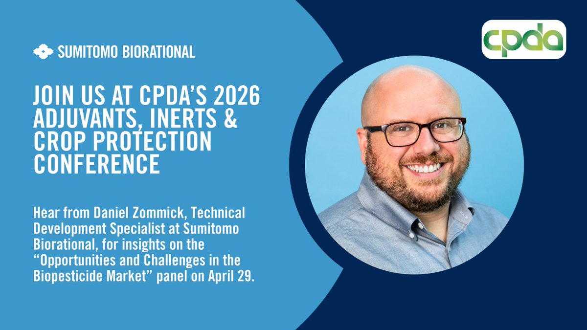 SumitomoBio's tweet photo. Headed to CPDA 2026 Adjuvants, Inerts & Crop Protection Conference? Don’t miss Daniel Zommick’s talk tomorrow, April 29.

He will share perspectives on the opportunities and challenges shaping the biopesticide market. Join the conversation and be part of what’s next in crop protection. See you there!