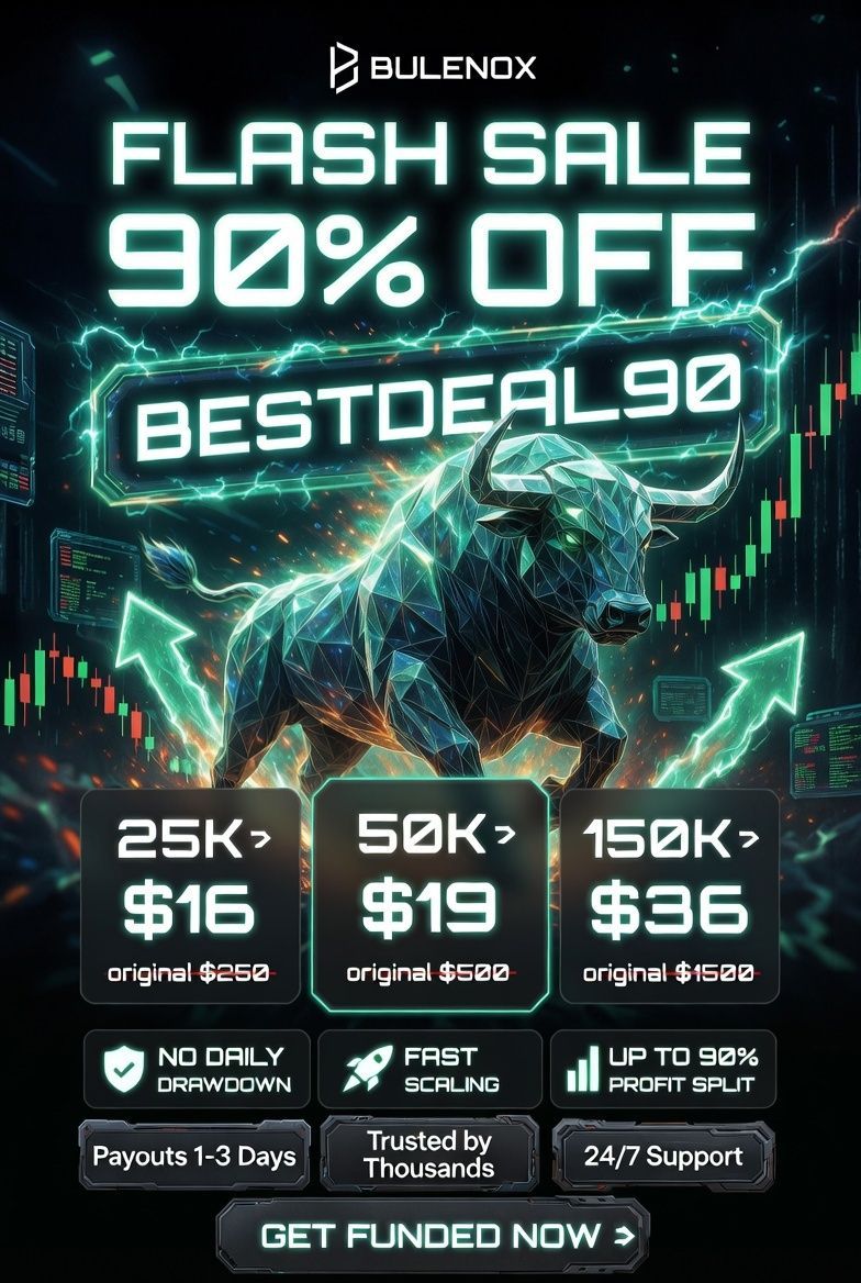 PropFirmProfits's tweet image. BULENOX 90% OFF FLASH SALE 🔥

25K → $16  
50K → $19  
150K → $36  

Code: **BESTDEAL90**

No daily drawdown + up to 90% profit split

This won’t last long 👇

bit.ly/4bORAFn

#bulenox #trading #couponcode #getfunded #fundedtrader #daytrading #daytrader #NinjaTrader