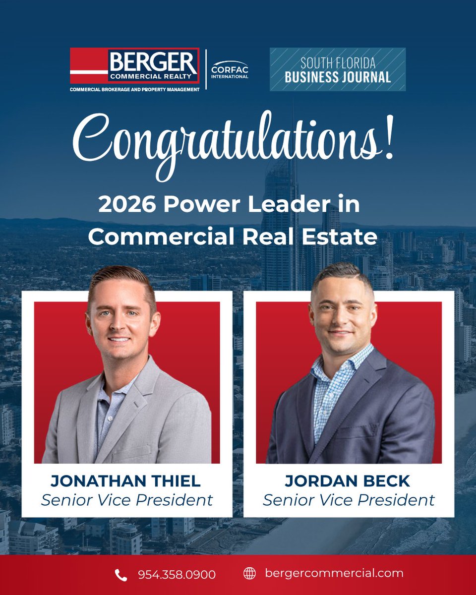 BergerComm's tweet photo. Celebrating Excellence in Commercial Real Estate 🎉

Join us in congratulating our very own Jonathan Thiel and Jordan Beck, Senior Vice Presidents at Berger Commercial Realty, for being named Power Leaders in Commercial Real Estate by the South Florida Business Journal! https://t.co/nhQQkWHtfZ