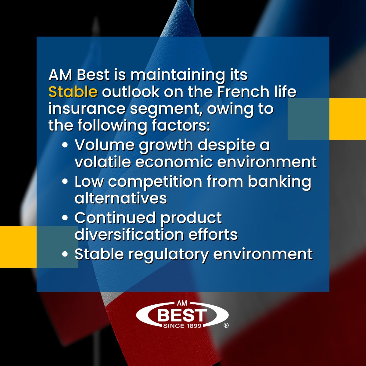 AMBestCo's tweet image. Access: bit.ly/4w1QC2g

#France’s #lifeinsurance segment is maintained at Stable &amp;amp; expects further growth in 2026, reflecting continued policyholder interest in the segment’s savings offerings tied to positive interest rates.

#life #insurance #AMBestMarketSegmentReport