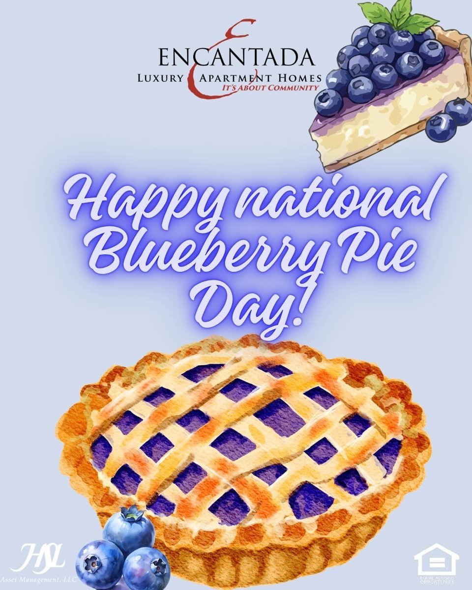 RanchRita's tweet image. Celebrate National Blueberry Pie Day! 🍇🥧 Share your favorite ways to enjoy this sweet treat with residents. Who’s craving a slice today? #BlueberryPie #HSLLiving

#Apartments #EncantadaLiving #HSL #Tucson #Arizona

HSL Asset Management, LLC.
[Equal Housing Opportunity]