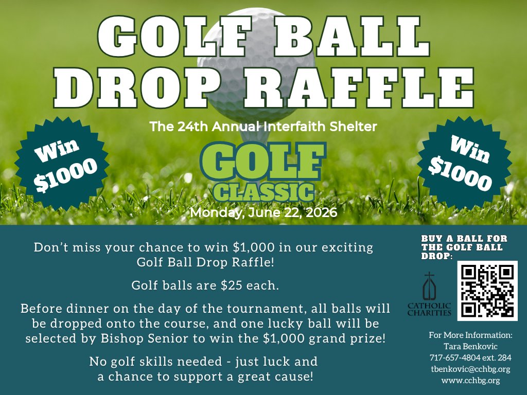 ⛳💥 Ready… Set… DROP! 💥⛳

Join our Golf Ball Drop Raffle at the Interfaith Shelter Golf Classic - you could win $1,000!

$25 per ball. One lucky ball wins when Bishop Senior makes the pick.

🎟️ Get yours: bit.ly/4blTD5o

Every ball supports families in need 💙