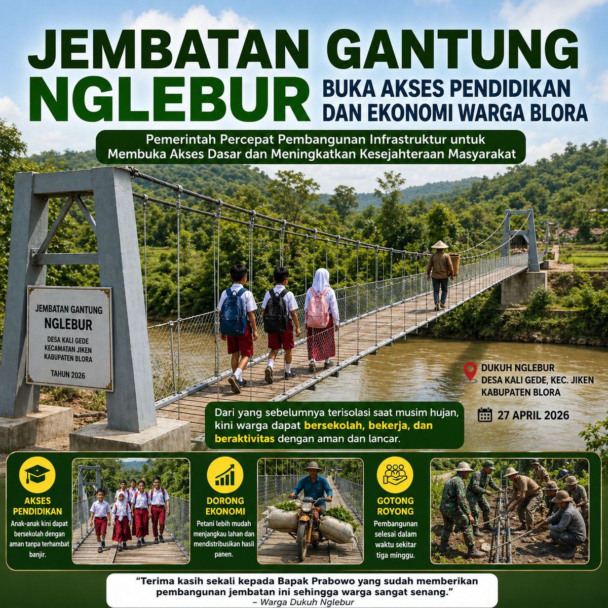 Jembatan Nglebur bikin akses pendidikan dan ekonomi warga Blora makin mantap! 🎉 Mari kita dukung pembangunan demi masa depan yang lebih cerah! 💪✨