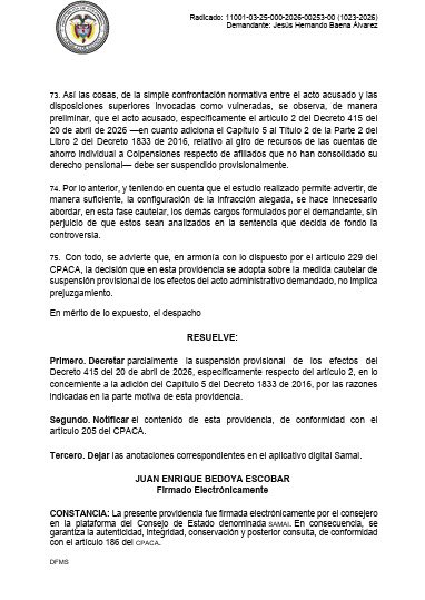 Gran noticia que nos devuelve la esperanza. Consejo de Estado suspende provisionalme traslado anticipado de ahorros pensionales a Colpensiones, ordenado por decreto.