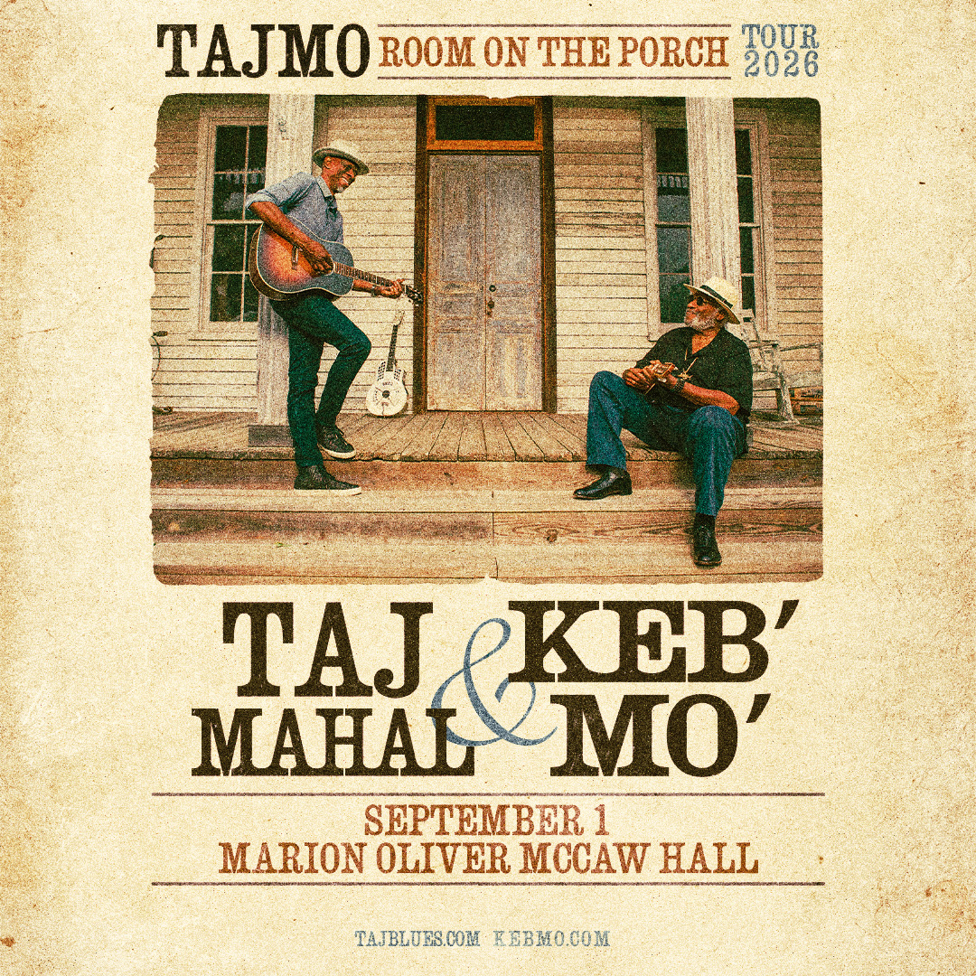 McCawHall's tweet photo. JUST ANNOUNCED! Taj Mahal and Keb’ Mo’ are coming to McCaw Hall on September 1 at 8pm PT for Room On The Porch Tour 2026.

🎸 On sale: Fri, May 1 at 10am PT
🎟️Info >> https://t.co/f9CheHLCde

#mccawhall #seattlecenter https://t.co/JmYDQWfpf2