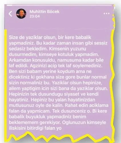 ankara_kusu's tweet image. Aldatıldığını öğrenen Muhittin Böcek’in gelini, aile üyelerine bu mesajı atmış, Böcek de bu gönderiyi yanlışlıkla Whatsapp durumunda paylaşmıştı. 

Meğer olaylar +18 ötesi bi şeymiş. Mesajların sırrı çözüldü. Geliyor detaylar..