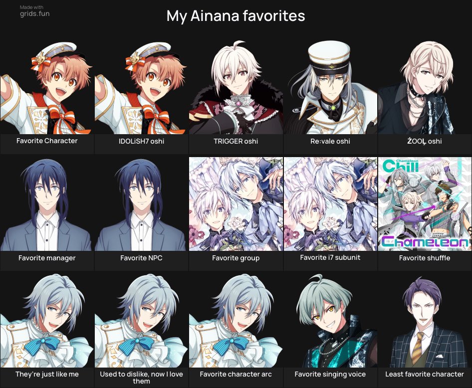 madoromidiscord's tweet photo. i’ve been seeing those grids going around for many fandoms and no one had made one for idolish7 yet so i thought to take the matter in my own hands :) reply/qrt with yours if you want, here’s mine!! i included as many choices as possible 🙏🏻

link: https://t.co/bpoQpue7qG 🌈 https://t.co/GDhYtDSYP2