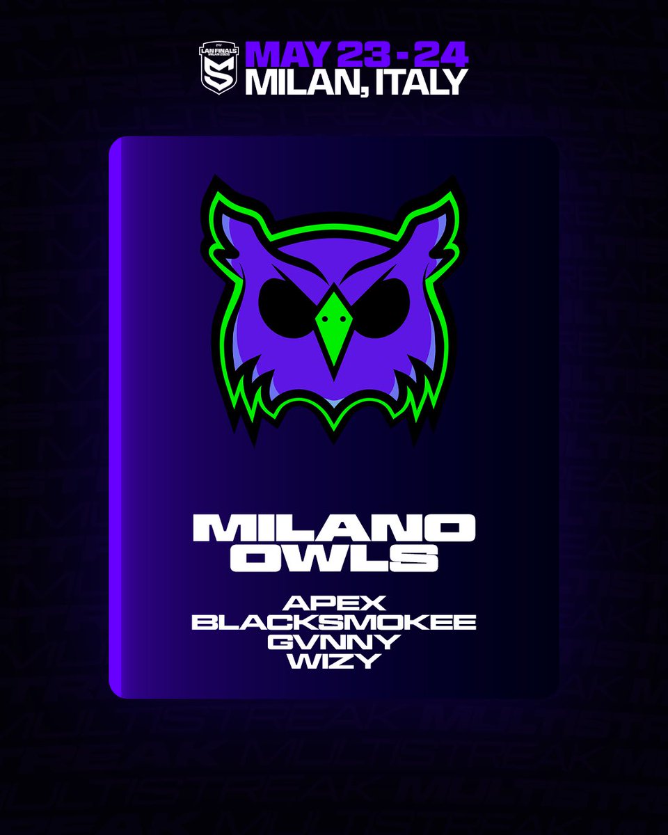 multistreak's tweet photo. New contender steps into the spotlight.

Blind Owls and Milano Esports: a partnership born in the shadows, able to see even better in the dark.

@CristyBlanuta @BlackSmokeee_ @MatteoDalPont7 @wizy_SD @BlindOwlsGG https://t.co/fiR2NblKcn
