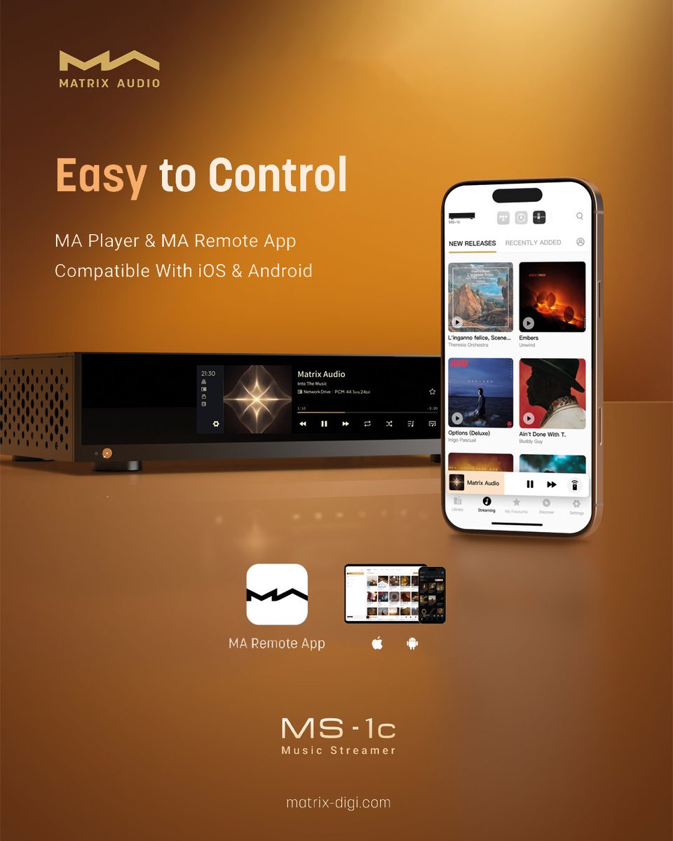 SuperSonido_es's tweet photo. Matrix Audio MS-1c: streamer Hi-Fi con DAC AKM VELVETSOUND™, alta resolución PCM/DSD y compatibilidad con TIDAL, Qobuz, Spotify Connect, AirPlay 2 y Roon Ready.

📲 Control desde MA Remote.

📩 Ya disponible en #Supersonido: https://t.co/DcqI043ox1

#HiFi #StreamingAudio https://t.co/1jOYOhee0Y