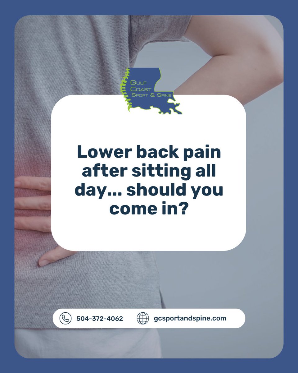 GCSS_Chiro's tweet photo. Lower back pain after sitting all day… should you come in?

Yes.
Sitting for long periods puts pressure on your lower spine and can weaken the muscles that support it. If it’s happening daily, your body is compensating.

Don’t wait until it turns into something worse. https://t.co/nFyO594YGE