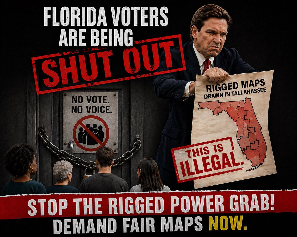 joncoopertweets's tweet image. 🚨 Florida voters are being shut out of approving new electoral maps.

DeSantis knows they’d reject them—so he’s ramming them through, just like Texas. It’s ILLEGAL.

California &amp;amp; Virginia let voters decide.
Stop the rigged power grab! Demand fair maps NOW.

#NoIllegalFloridaMaps
