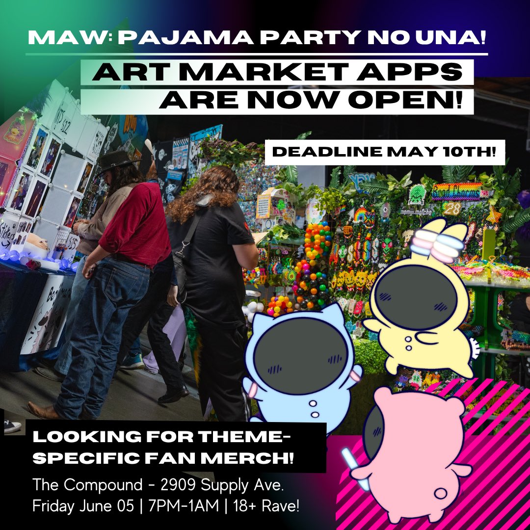 MAW_events's tweet photo. ARTISTS! It’s time to get your pens, needles, &amp; crafting hands ready! Sign up sheets are now open for our upcoming Night Market! ‼️DEADLINE TO APPLY MAY 10TH‼️

We suggest 10% of merchandise to be related to the theme &amp; increase your chance of acceptance. 🚫NOT A REQUIREMENT🚫 https://t.co/pK95SJTqZU