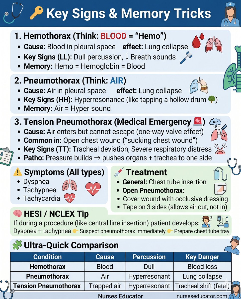 nurseseducator's tweet image. 🚨 Nursing clinical tip: If you see tracheal deviation, it is ALREADY a Tension Pneumothorax emergency. 🫁Master Hemothorax vs. Pneumothorax with this high-yield guide.🔗 nurseseducator.com

#MedX #Nursing #NCLEX