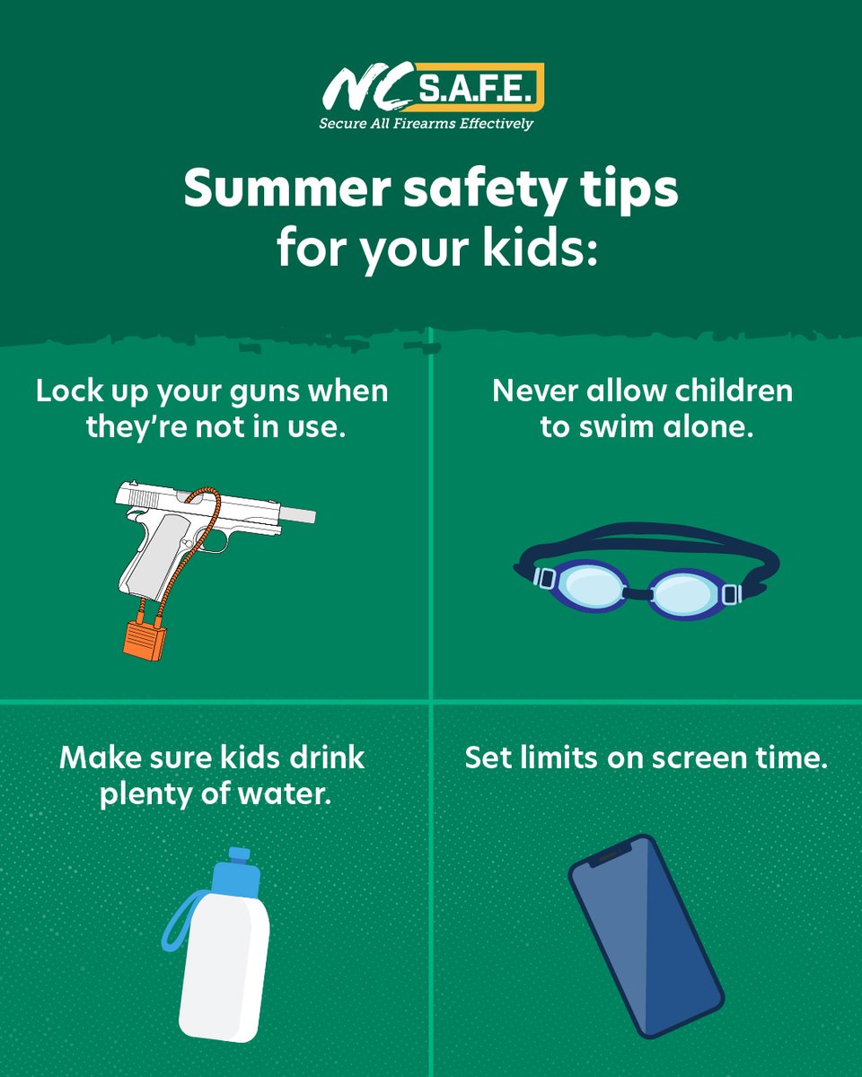 nc_safe's tweet photo. Making safety a priority means more worry-free adventures with your kids this summer.
🔒 Secure any guns 
🏊‍Supervise kids around water 
💧Remind your kids to stay hydrated
📱Limit screen time
Learn more about the importance of safe gun storage: https://t.co/ctQRriV4ib https://t.co/1dDO7fHmzs