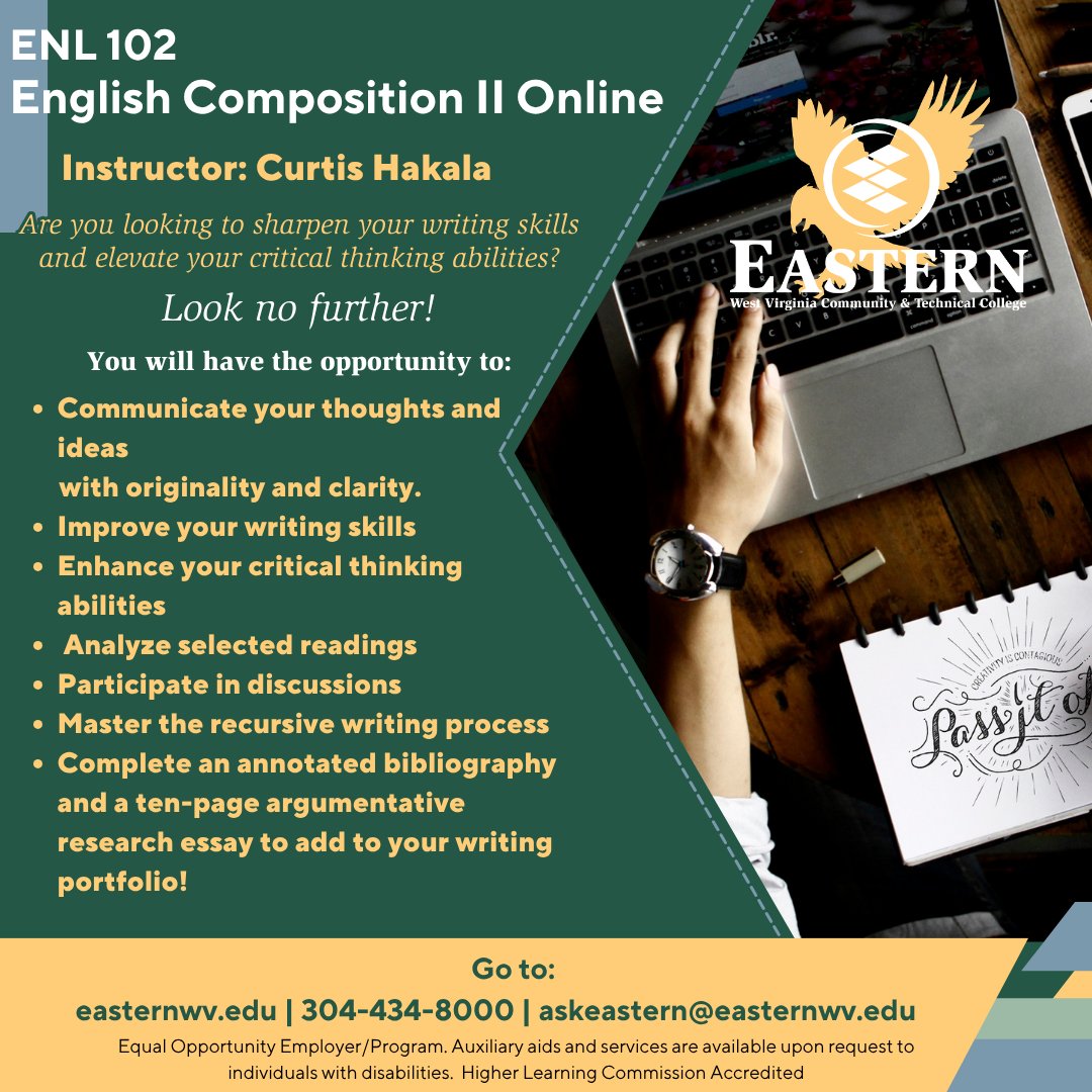 Sharpen your writing skills and elevate your critical thinking in ENL 102 this summer! Learn best practices for communicating your thoughts and ideas through projects, readings, and discussions.

Email askeastern@easternwv.edu to learn more!
#English #Online #summer #EasternWV