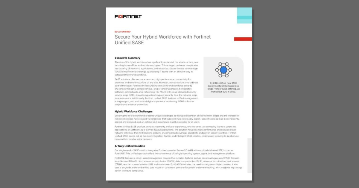 gatanasio_71's tweet image. 📢 Business leaders! Your security posture may be at risk due to having a hybrid workforce. Download this solution brief to see how #Fortinet Unified #SASE can help you bring security, access, and visibility together. #FortiSASE @fortinet stuf.in/bifi42