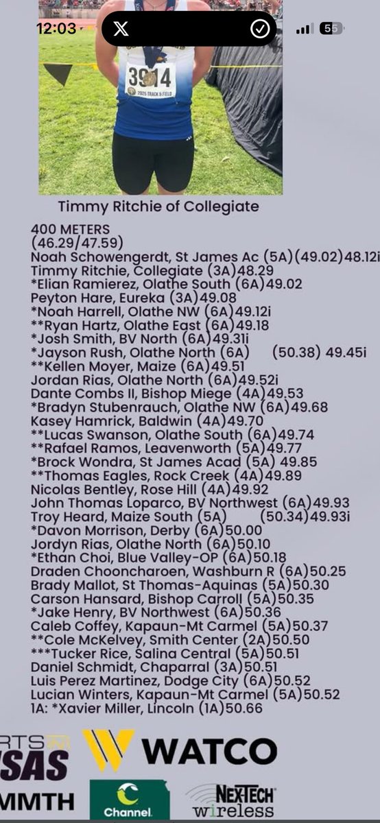 _tuckerrice's tweet photo. Only a freshmen. Just the beginning!
400m 50.51 ranked in ks @sharp_spelite @kedtheetrainer @SC_Track_XC https://t.co/SlhvhjcVZp