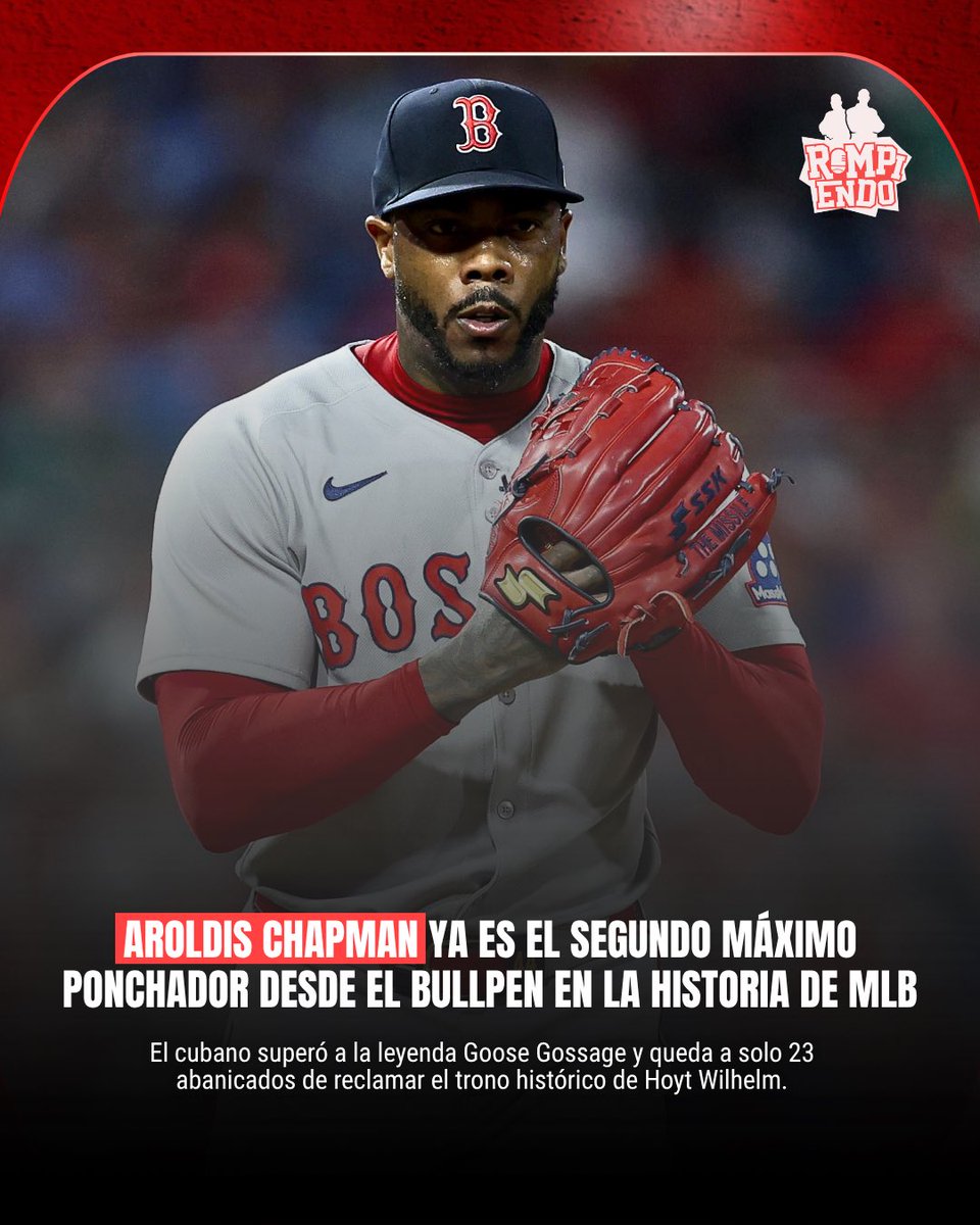 RompiendoSports's tweet image. El cubano Aroldis Chapman sigue haciendo historia 🔥⚾ ya es el segundo máximo ponchador desde el bullpen en Major League Baseball y está cada vez más cerca de la cima histórica 💪📈 #MLB #Beisbol #Chapman